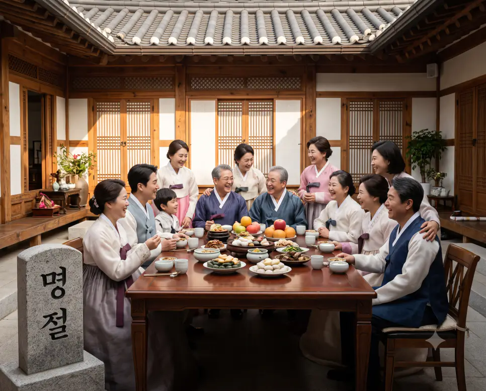 해마다 계절의 순환 속에서 조상에게 차례를 지내고 친지들이 모여 정을 나누는 경사스러운 날인 명절을 고증하기 위해, 고즈넉하고 세련된 한국 전통 한옥 대청마루와 마당 선상에서 온 가족이 모여 앉아 오순도순 송편과 과일을 나누며 정답게 담소를 나누는 풍경을 담고, 앞쪽 원목 기둥 표면에 고풍스러운 한글 서체로 "명절" 키워드가 정교하게 새겨져 있는 프리미엄 라이프스타일 매거진 화보 감성의 정면 극실사 이미지