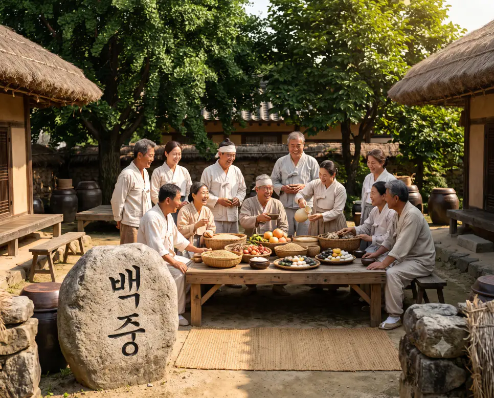 농사일을 마치고 음식과 휴식을 나누던 백중 명절의 풍요를 표현하기 위해, 전통 리넨 의복을 입은 농부 인물들이 따스한 가을 햇살이 내리쬐는 마당에 모여 햇곡식과 떡이 담긴 바구니를 앞에 두고 환하게 웃으며 휴식을 즐기는 활기찬 노동 축제 서사를 배경으로 삼고, 앞쪽 천연 석축 표면에 깨끗한 한글 서체로 "백중" 키워드가 정밀하게 각인되어 있는 문화 화보 구도의 정면 극실사 모습