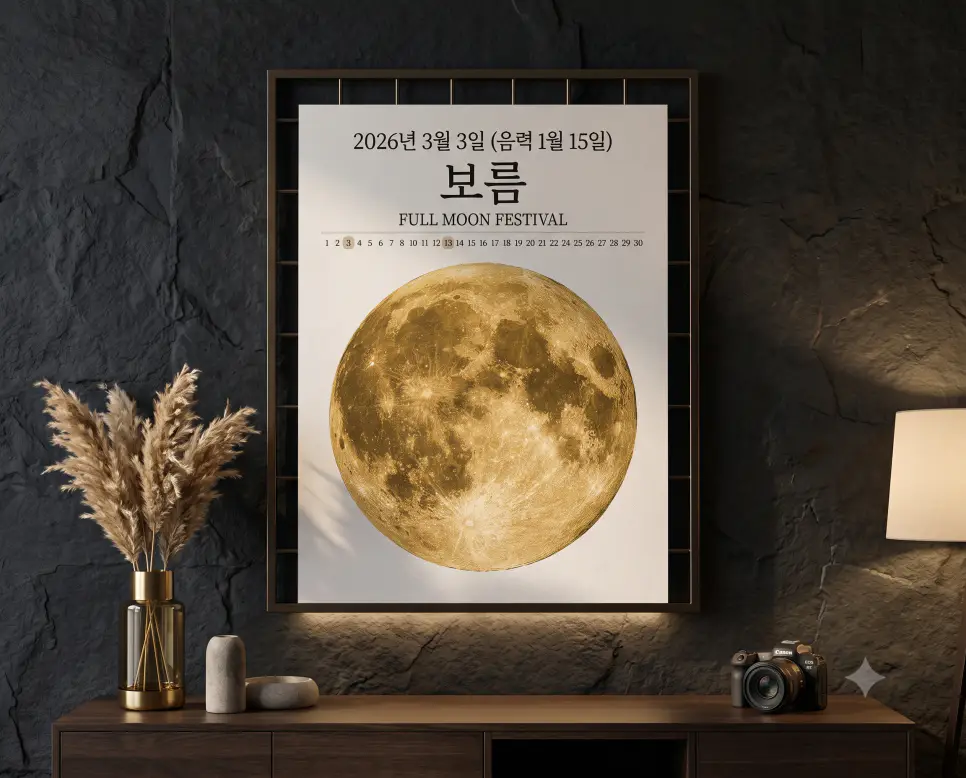 음력 15일 만월을 고증하기 위해, 어두운 차콜색 고급 거실 벽면 선상에 인테리어 액자처럼 걸려 있는 대형 2026년 디자인 벽달력에 크레이터가 선명한 황금빛 보름달 사진이 가득 차 있고 그 위에 얇고 감각적인 폰트로 '보름'과 '2026년 3월 3일(음력 1월 15일)' 그리드가 정밀하게 정렬되어 있는 고급 인테리어 구도의 정면 극실사 모습