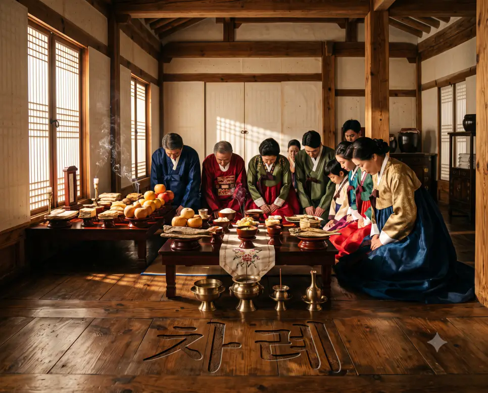 명절 아침 조상의 음덕을 기리며 정성껏 제례를 올리는 차례의 뜻을 담아, 단정하게 한복을 차려입은 가족 인물들이 햇빛이 은은하게 들어오는 한옥 방 안에서 정성스레 차려진 제사상과 향로를 향해 경건하게 절을 올리는 정통 의례 서사를 촬영하고, 앞쪽 어두운 나무 바닥 표면 선상에 정교한 서체로 "차례" 한글 키워드가 입체적으로 박혀 있는 다큐멘터리 스타일의 극실사 이미지