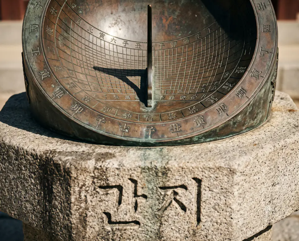 천간과 지지를 조합하여 정밀하게 시간과 계절의 흐름을 기록하는 간지의 수학적 기능을 담아, 묵직한 석재 받침대 위에 놓인 청동 해시계(앙부일구) 내부에 시간과 절기를 가리키는 간지 기호가 정교하게 새겨져 그림자를 드리우는 실제 역법 유물을 촬영하고, 앞쪽 화강암 받침대 표면 선상에 정교한 서체로 "간지" 한글 키워드가 입체적으로 박혀 있는 정통 다큐멘터리 스타일의 극실사 이미지