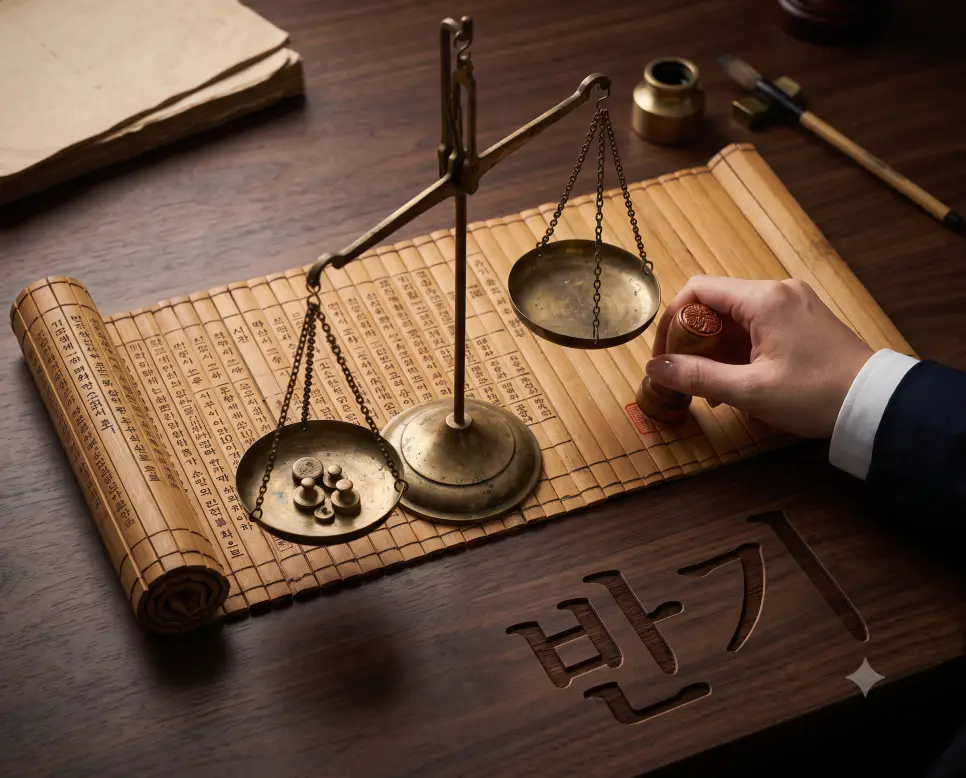 일 년을 둘로 나눈 6개월 동안의 기간이자 성과를 결산하는 반기의 균형을 상징하기 위해, 고즈넉한 서재 탁자 위 대나무 서판과 정교한 놋쇠 저울을 탑다운 구도로 클로즈업하고, 저울 옆에서 한복을 입은 인물의 손이 성과 장부에 인장을 찍는 모습을 담은 시네마틱 극실사 이미지