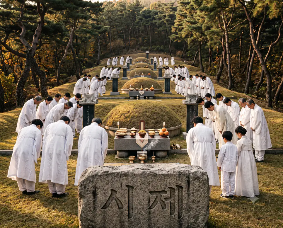 문중이 모두 모여 조상의 묘소에 올리는 정기 제례인 시제의 뜻을 받들어, 전통 제복을 맞춰 입은 수많은 가문 일원들이 푸른 소나무로 둘러싸인 넓은 선영 묘소의 잔디 비석 제단 앞에서 정성껏 무릎을 꿇고 절을 올리는 장엄한 가문 의례 서사를 촬영하고, 앞쪽 묘역 경계석 표면 선상에 정교한 서체로 "시제" 한글 키워드가 입체적으로 박혀 있는 정통 다큐멘터리 스타일의 극실사 이미지