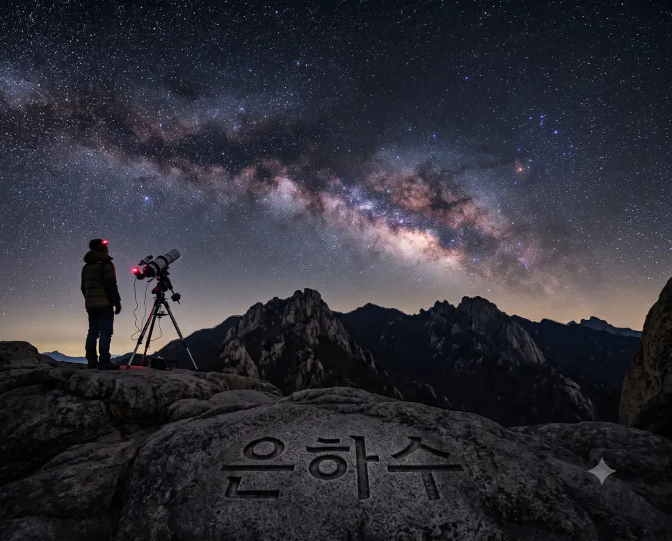 밤하늘을 수놓는 수천억 개 별들의 은하수를 표현하기 위해, 칠흑 같은 산보라 밤하늘 아래 화강암 바위 표면에 "은하수" 한글이 각인된 모습과 망원경 옆에서 은빛 별무리를 관측하는 천문 관측가의 모습을 담은 다큐멘터리 스타일의 극실사 이미지