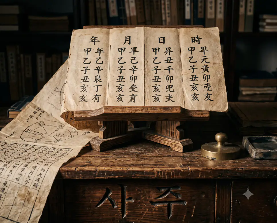 태어난 연, 월, 일, 시의 네 기둥과 팔자의 역학 원리를 시각화하기 위해, 오동나무 서안 위에 펼쳐진 명리학 고문서에 세로로 정갈하게 적힌 네 기둥 간지 글씨를 근접 촬영하고, 앞쪽 나무 책상 표면 선상에 정교한 서체로 "사주" 한글 키워드가 입체적으로 박혀 있는 정통 역사 다큐멘터리 스타일의 극실사 이미지