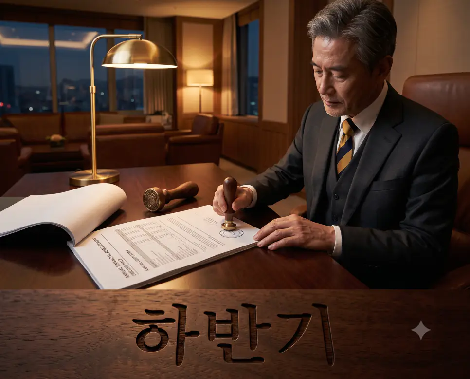 7월부터 12월까지 하반기의 최종 결산과 한 해 목표 완착을 표현하기 위해, 저녁 모던 임원실의 따뜻한 조명 아래 최종 실적 결산서와 고풍스러운 인장을 클로즈업하고, 임원이 결산서에 인장을 찍는 순간을 담은 다큐멘터리 스타일의 극실사 이미지