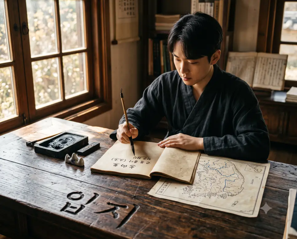 사회나 학문에서 주체적인 뜻을 단단히 세우는 만 30세 입지의 본질을 나타내기 위해, 오후 햇살이 스며드는 서재 오동나무 탁자 위 고지도와 먹, 붓을 클로즈업하고, 옆에서 도포를 입은 청년이 목표를 적어 내려가는 결의에 찬 순간을 담은 다큐멘터리 스타일의 극실사 이미지