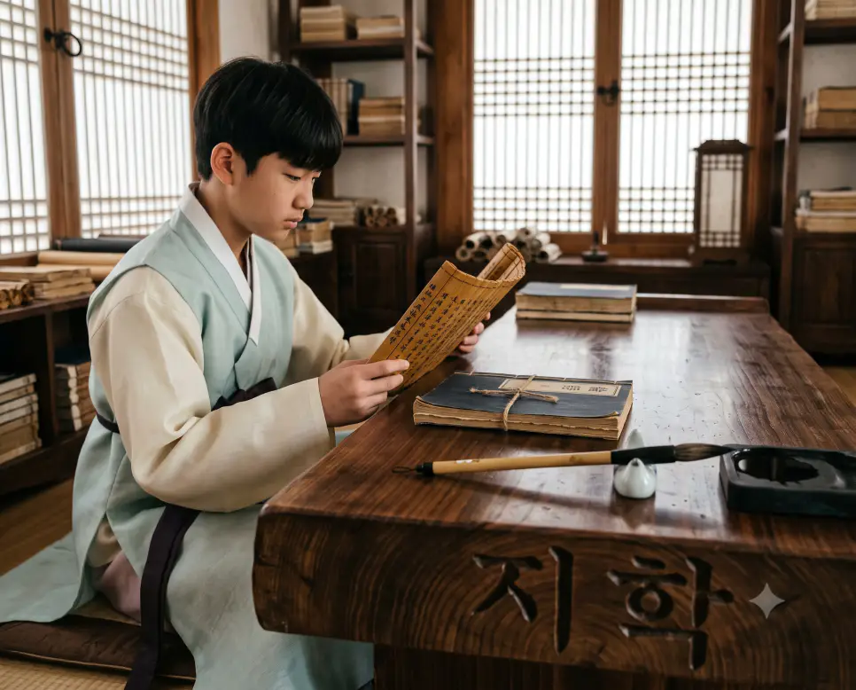 만 15세 학문에 뜻을 두는 지학의 의미를 나타내기 위해, 아침 햇살 아래 한옥 서재 서안 위 논어 고서와 붓, 벼루를 클로즈업하고, 옆에서 도포를 입은 15세 청년이 학문에 몰두하는 결연한 순간을 담은 다큐멘터리 스타일의 극실사 이미지