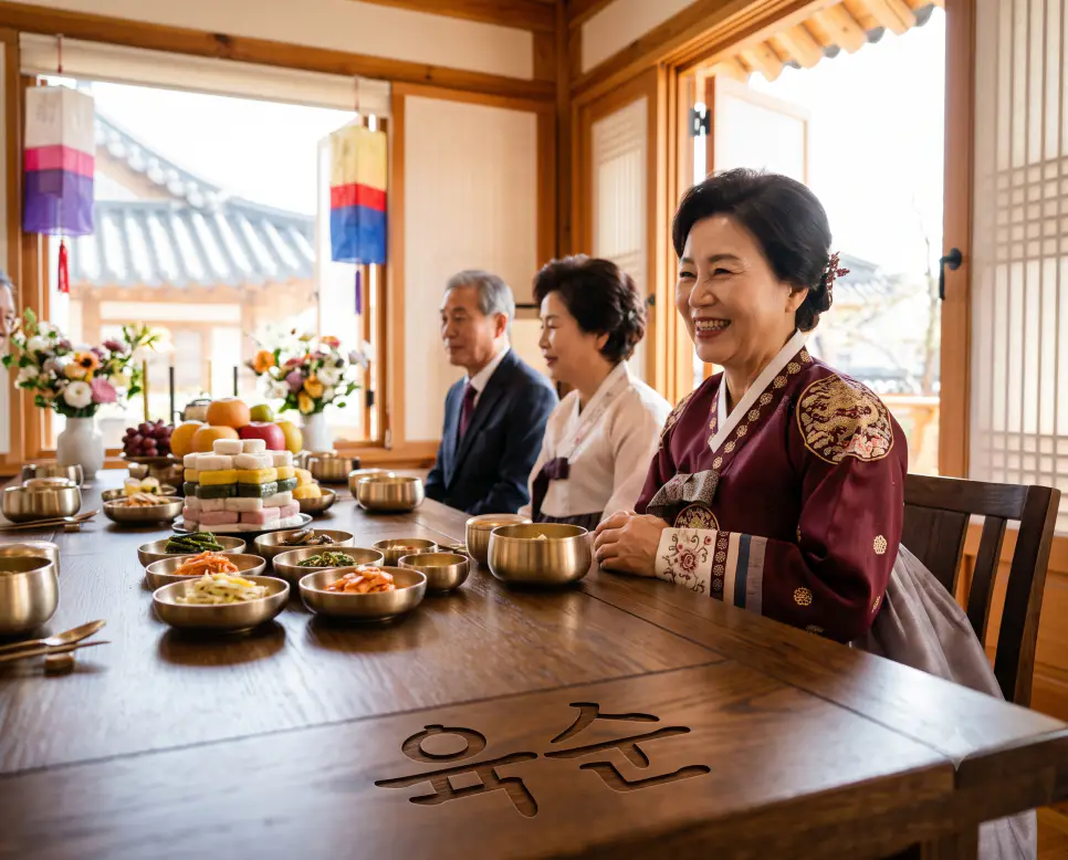 10년이 여섯 번 모여 인생의 중요한 반환점을 맞이하는 60세 육순 잔치의 경사스러움을 표현하기 위해, 햇빛이 밝게 내리쬐는 전통 환갑 잔칫상 모서리에 "육순" 한글이 새겨진 모습과 놋그릇, 떡, 비단 청사초롱을 클로즈업하고, 옆에서 고급 실크 한복을 입은 60세 어르신이 축하를 받으며 환하게 웃는 다큐멘터리 스타일의 극실사 이미지