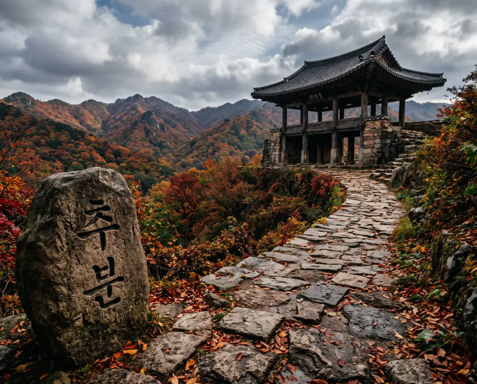 낮과 밤의 길이가 똑같아지며 완연한 가을의 정점으로 진입하는 추분 절기의 뜻을 담아, 인물을 완전히 배제하고 단풍이 붉게 물든 웅장한 가을 산자락 계곡가 풍경을 배경으로 삼았으며, 앞쪽 거대한 바위 표면 선상에 선명한 한글 서체로 "추분" 키워드가 정교하게 각인되어 있는 내셔널 지오그래픽 기행 화보 스타일의 정면 극실사 이미지