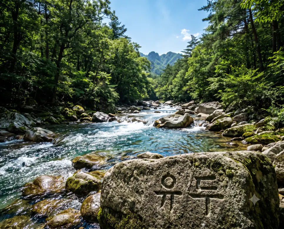동쪽으로 흐르는 물에 머리를 감아 액운을 털어내는 유두 절기의 뜻을 담아, 인물을 완전히 배제하고 울창한 한여름 숲속 사이로 맑고 시원하게 쏟아져 내리는 동류수 계곡물의 서사를 근접 촬영하고, 앞쪽 암벽 표면 선상에 정교한 서체로 "유두" 한글 키워드가 입체적으로 박혀 있는 자연 화보 스타일의 극실사 이미지