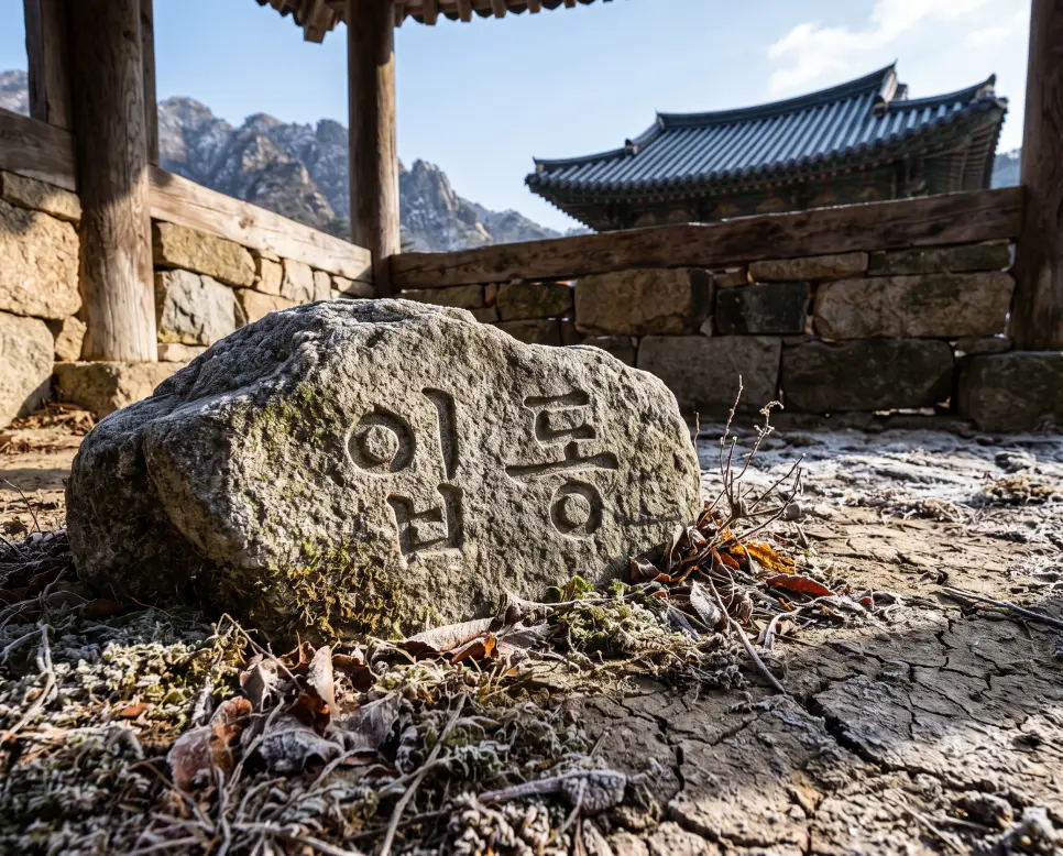 겨울의 시작을 알리고 만물이 휴식에 들어가는 입동 절기의 뜻을 담아, 얼어붙은 대지와 파르라니 얼어버린 식물 수풀, 그리고 차가운 바람이 불어오는 웅장한 돌산 협곡의 기운을 근접 촬영하고, 배경의 거대한 암벽 표면 선상에 정교한 서체로 "입동" 한글 키워드가 입체적으로 박혀 있는 생태 화보 스타일의 극실사 이미지