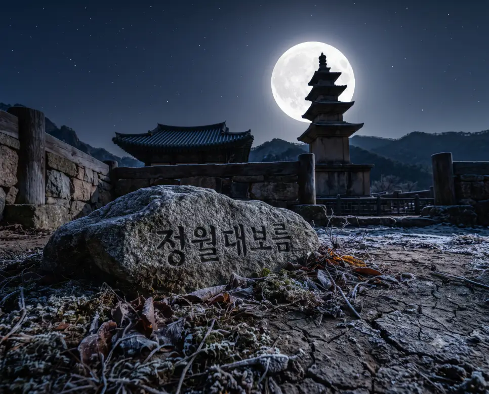 해의 첫 보름달이 뜨고 풍년을 기원하는 정월 대보름 시점의 뜻을 담아, 인물을 완전히 배제하고 밤하늘에 커다랗고 눈부시게 떠오른 보름달이 고풍스러운 석탑 위로 영롱한 은빛 밤안개를 비추는 풍경을 촬영하고, 앞쪽 화강암 표면 선상에 정교한 서체로 "정월 대보름" 한글 키워드가 입체적으로 박혀 있는 밤 풍경 화보 스타일의 극실사 이미지