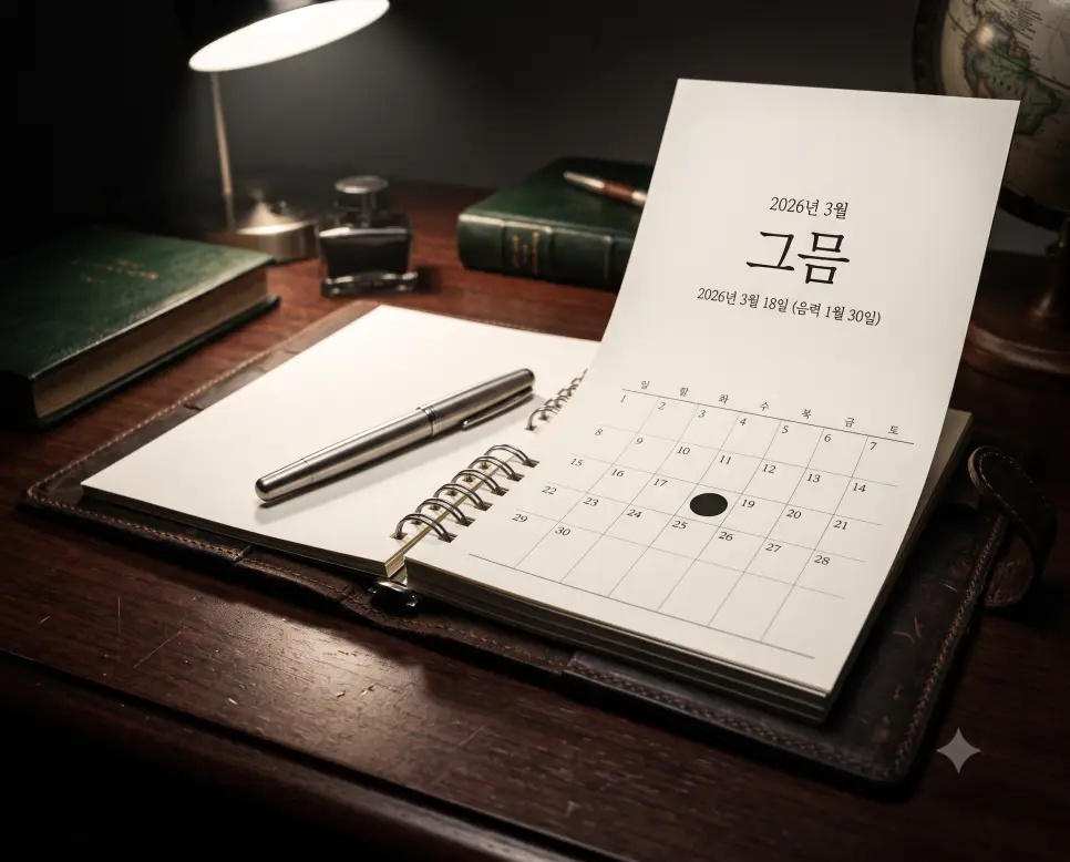 음력 15일 만월을 고증하기 위해, 어두운 차콜색 고급 거실 벽면 선상에 인테리어 액자처럼 걸려 있는 대형 2026년 디자인 벽달력에 크레이터가 선명한 황금빛 보름달 사진이 가득 차 있고 그 위에 얇고 감각적인 폰트로 '보름'과 '2026년 3월 3일(음력 1월 15일)' 그리드가 정밀하게 정렬되어 있는 고급 인테리어 구도의 정면 극실사 모습