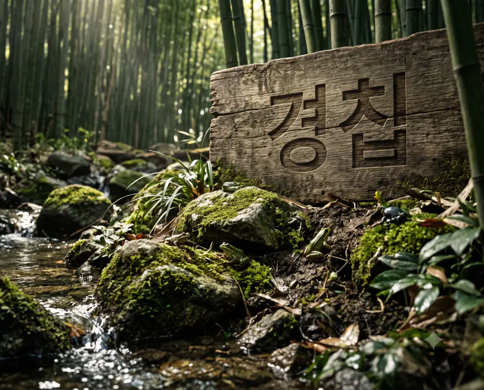 겨울잠을 자던 만물이 봄기운에 깨어나는 경칩을 시각화하기 위해, 햇살이 부서지는 대나무 숲 옆 계곡가에서 이끼 낀 바위와 파릇한 대지의 역동적인 기운을 근접 촬영하고, 배경의 고목 나무 벽면 선상에 정교한 서체로 "경칩" 한글 키워드가 입체적으로 박혀 있는 생태 화보 스타일의 극실사 이미지