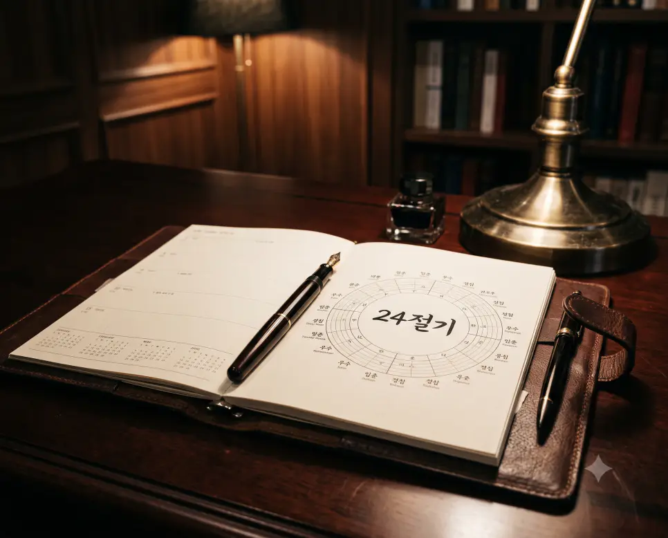 태양의 움직임을 기준으로 계절을 나눈 24절기의 뜻을 담아, 어두운 고급 마호가니 책상 위 스포트라이트 조명 아래 펼쳐진 가죽 다이어리 페이지에 전통 역법 순환선과 '24절기' 표기가 세련되게 인쇄되어 있고 그 위로 고급 만년필이 놓여 있는 스튜디오 소품 촬영 스타일의 극실사 이미지