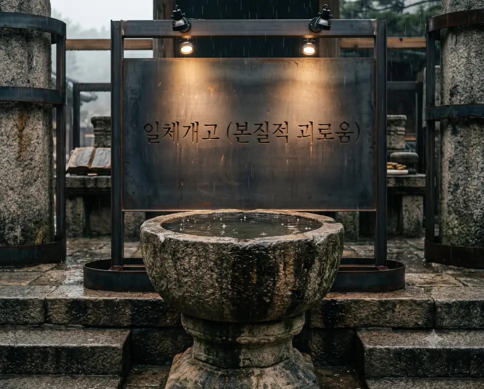 집착과 무명으로 인해 세상의 모든 삶이 본질적으로 괴로움이라는 불교 진리 일체개고의 정황을 거친 풍파와 세차게 쏟아지는 빗줄기 속에서 빗물을 고스란히 받아내고 있는 무겁고 오랜 세월을 견딘 석조 용기의 모습으로 형상화한 정태의 극실사 이미지