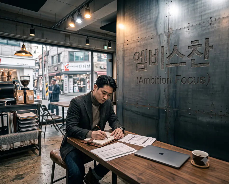 야망과 성공을 종교적 신념처럼 맹목적으로 좇는 사람을 일컫는 말인 엠비스찬의 정황을 아늑한 집무실 서재 내부에서 청년 전문가가 목표 계획 조항을 조율하고 있는 정태의 극실사 이미지