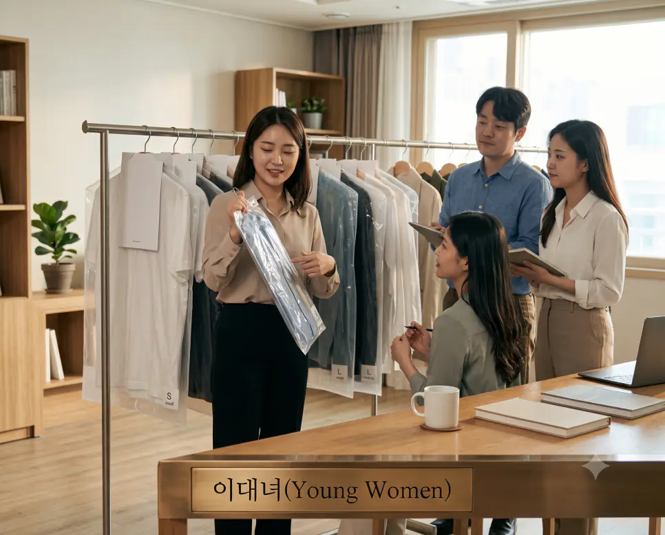 주체적인 목소리를 내며 평등과 연대의 가치를 중요하게 생각하는 20대 여성 집단을 뜻하는 말인 이대녀의 현장을 세련된 세미나실 내부 창구 선상에서 여성이 회의 과업을 조율하며 소통하는 실제 생활 구도로 고증한 정면 극실사 모습