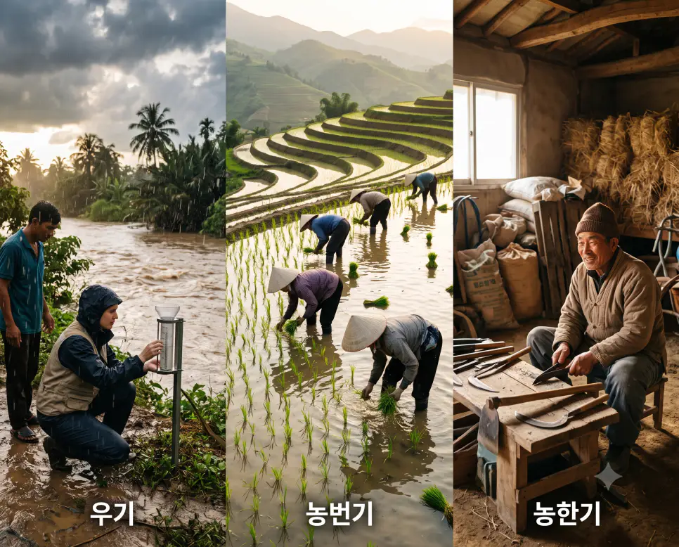 강수 집중 계절을 나타낸 키워드 "우기" 열대 우림 풍경, 바쁜 영농철을 나타낸 키워드 "농번기" 논밭 풍경, 그리고 겨울철 휴식을 상징하는 키워드 "농한기" 헛간 풍경을 하나의 파노라마 스타일로 담은 극실사 포스터