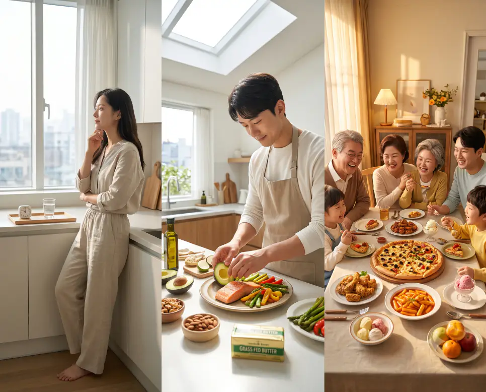 대사 스위치 켜기를 나타낸 키워드 "간헐적단식" 주방 풍경, 체지방 연소 유도를 나타낸 키워드 "저탄고지" 조리 풍경, 그리고 다이어트 휴식을 상징하는 키워드 "치팅데이" 가족 식사 풍경을 하나의 파노라마 스타일로 담은 극실사 포스터