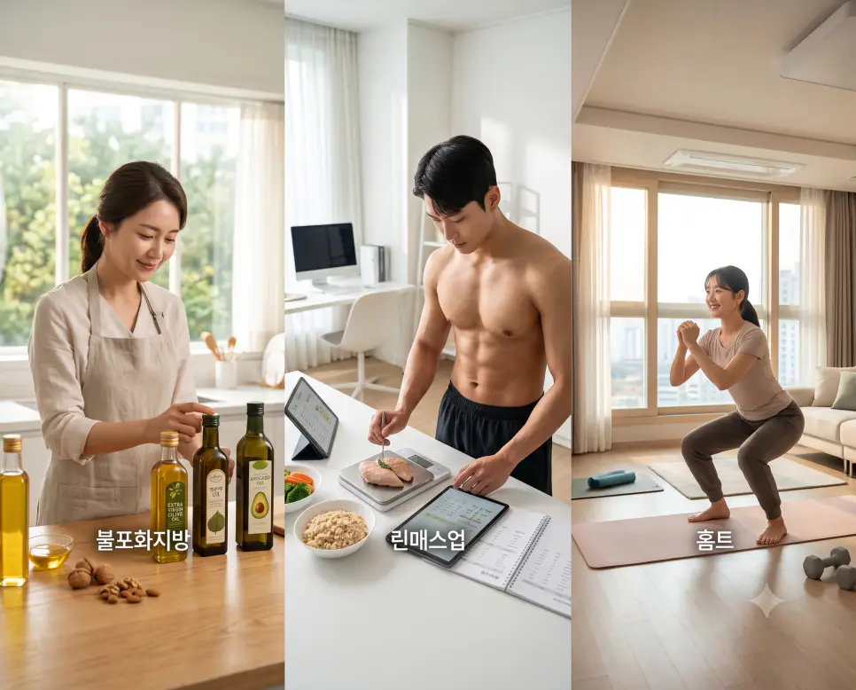 이로운 지질 성분을 나타낸 키워드 "불포화지방" 주방 풍경, 순수 근육 단련을 나타낸 키워드 "린매스업" 영양 계산 풍경, 그리고 자율 신체 활동을 상징하는 키워드 "홈트" 거실 운동 풍경을 하나의 파노라마 스타일로 담은 극실사 포스터
