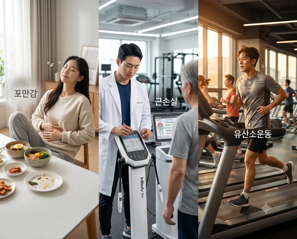 식욕 충족을 나타낸 키워드 "포만감" 식탁 휴식 풍경, 근육 유지를 나타낸 키워드 "근손실" 영양 점검 풍경, 그리고 심폐 강화를 상징하는 키워드 "유산소운동" 트레드밀 운동 풍경을 하나의 파노라마 스타일로 담은 극실사 포스터