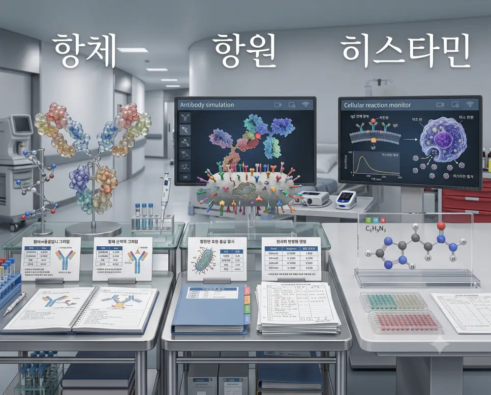 항체 Y자 분자 구조 모형, 항원 병원체 결합 모형, 히스타민 알레르기 화학 모형을 하나의 파노라마 구도로 구성한 극실사 면역학 포스터