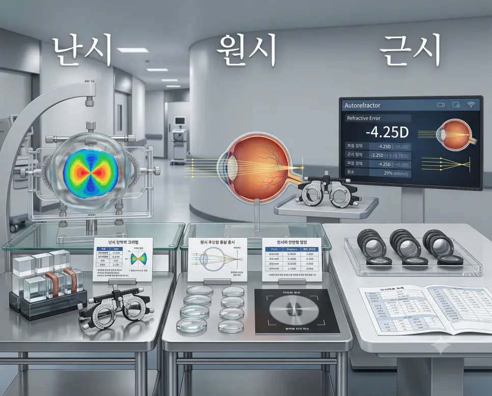 난시 각막 굴절 모형, 원시 망막 후방 초점 광선도, 근시 오목 렌즈 검안 모니터를 하나의 파노라마 구도로 구성한 극실사 안과 포스터
