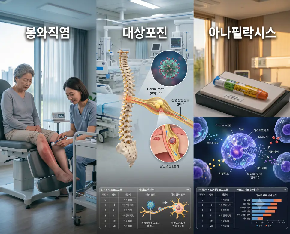 피부 세균 감염을 나타낸 키워드 "봉와직염" 진료 풍경, 신경절 바이러스를 나타낸 키워드 "대상포진" 모형 풍경, 그리고 과민 반응 응급 처치를 상징하는 키워드 "아나필락시스" 주사기 풍경을 하나의 파노라마 스타일로 담은 극실사 포스터