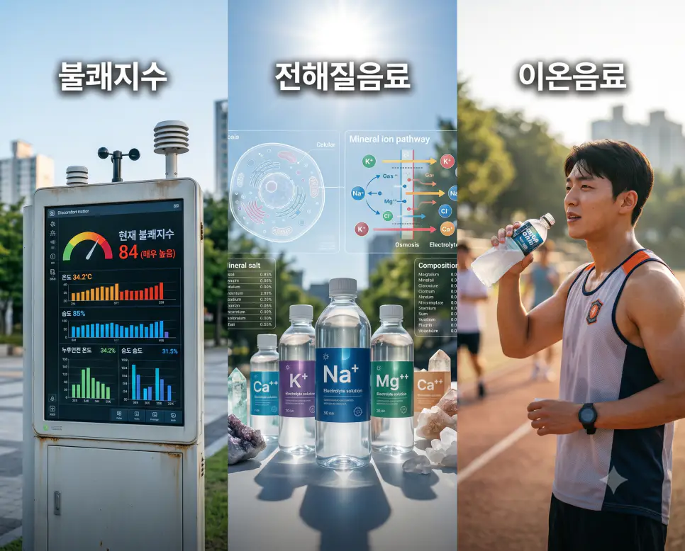 기상 수치를 나타낸 키워드 "불쾌지수" 모니터 풍경, 미네랄 충전을 나타낸 키워드 "전해질음료" 용액 풍경, 그리고 빠른 흡수를 상징하는 키워드 "이온음료" 스포츠 풍경을 하나의 파노라마 스타일로 담은 극실사 포스터