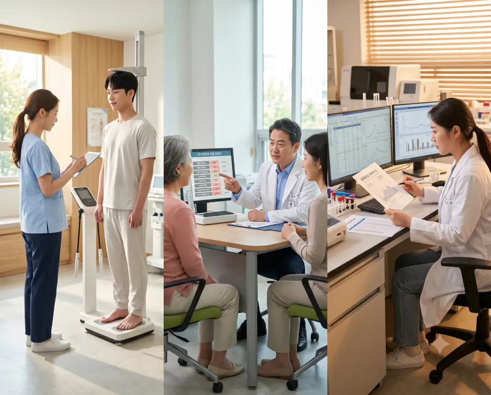 평균 혈당 수치를 나타내는 당화혈색소를 표현하기 위해, 오후 햇살이 비치는 연구실 티크나무 실험대 표면에 "당화혈색소" 한글이 새겨진 모습과 혈액 검사 지표를 분석하는 한국인 임상병리사의 모습을 담은 다큐멘터리 스타일의 극실사 이미지