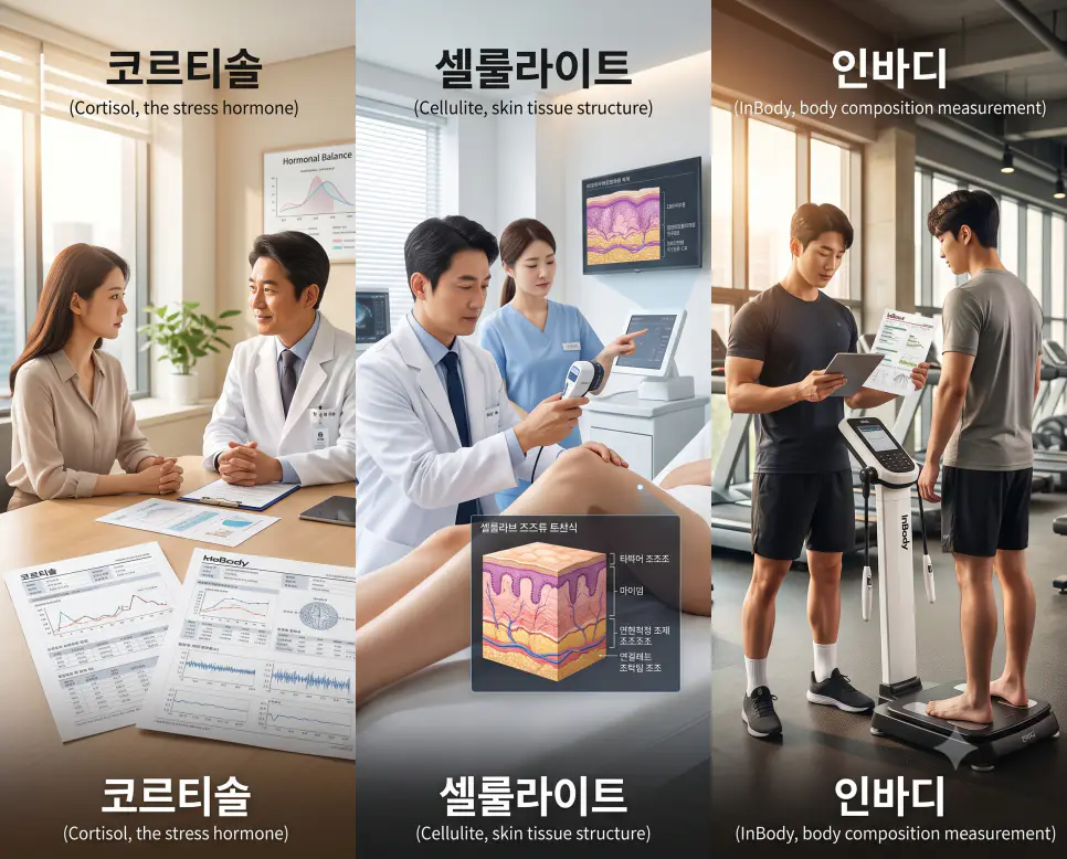 스트레스 호르몬을 나타낸 키워드 "코르티솔" 진료실 풍경, 결합 조직 상태를 나타낸 키워드 "셀룰라이트" 피부 상담 풍경, 그리고 체성분 분석을 상징하는 키워드 "인바디" 측정 풍경을 하나의 파노라마 스타일로 담은 극실사 포스터