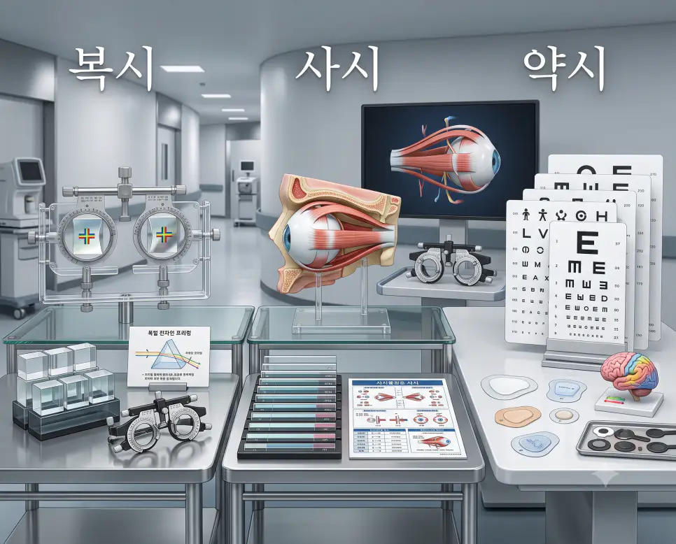 복시 광학 프리즘 렌즈, 사시 외안근 해부 모형, 약시 시력 검사 차트를 하나의 파노라마 구도로 구성한 극실사 안과 포스터