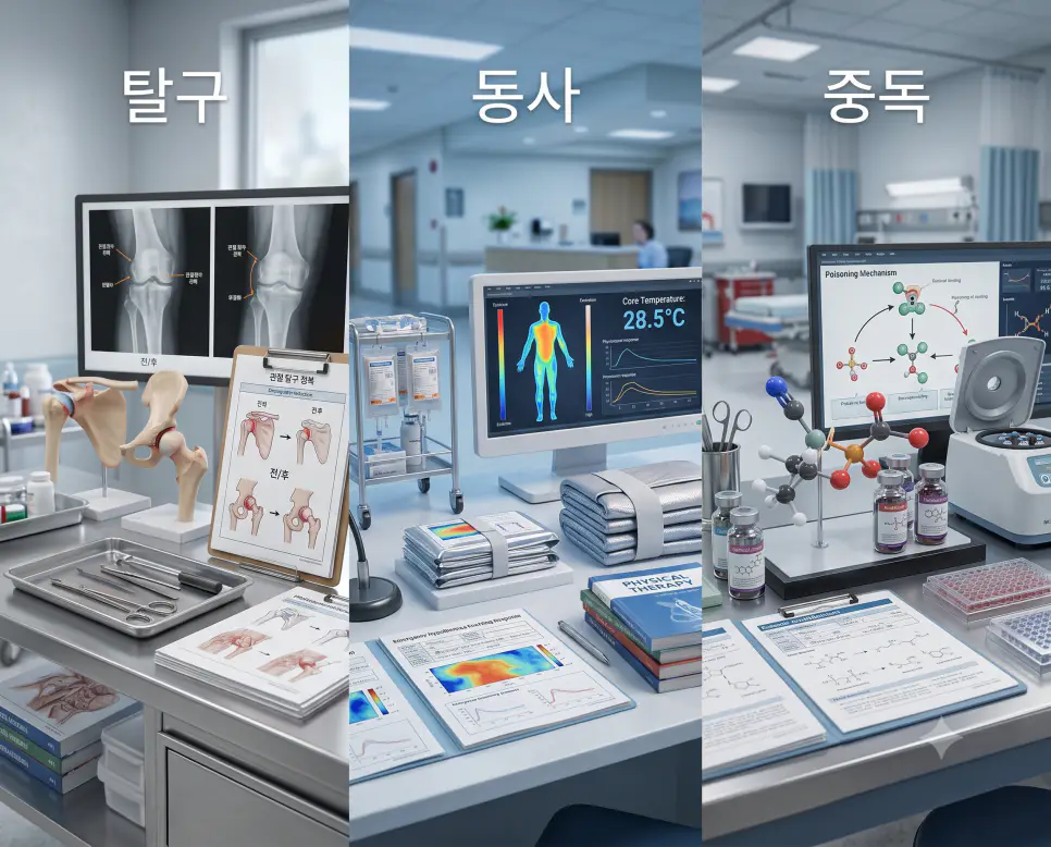탈구 관절 해부 모형, 동사 저체온 모니터 화면, 중독 생화학 분자 모형을 하나의 파노라마 구도로 구성한 극실사 의학 포스터
