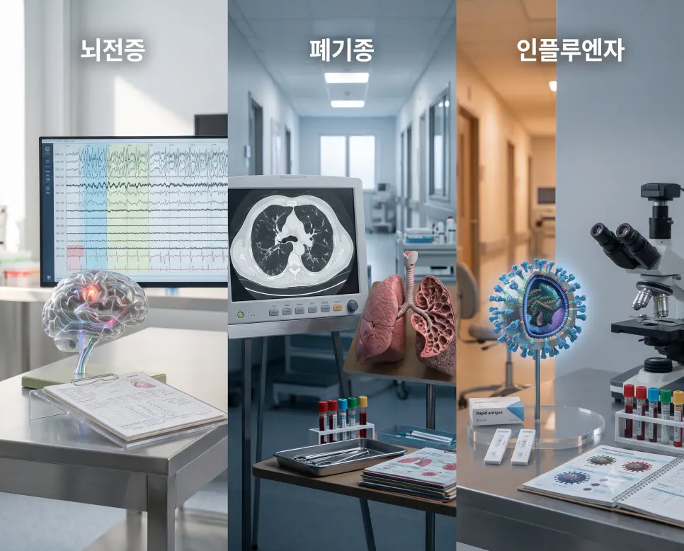 뇌전증 뇌파 분석 모니터, 폐기종 흉부 CT 단면 영상, 인플루엔자 바이러스 진단 키트를 하나의 파노라마 구도로 구성한 극실사 의학 포스터