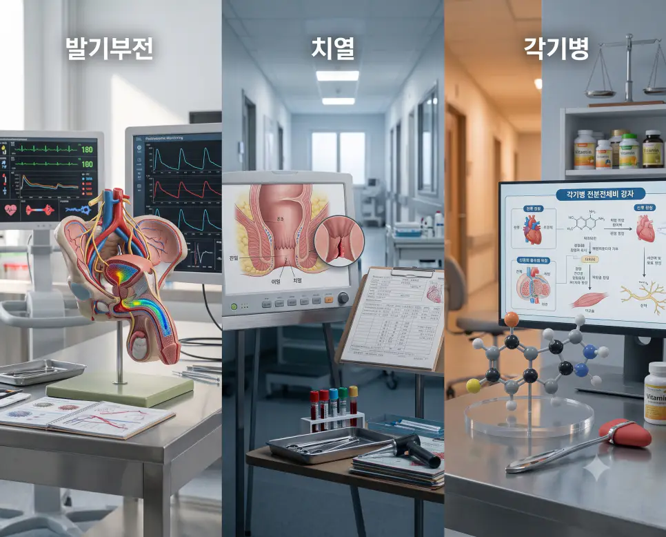 발기부전 혈관 해부 모형, 치열 항문 점막 도표, 각기병 티아민 분자 모형을 하나의 파노라마 구도로 구성한 극실사 의학 포스터