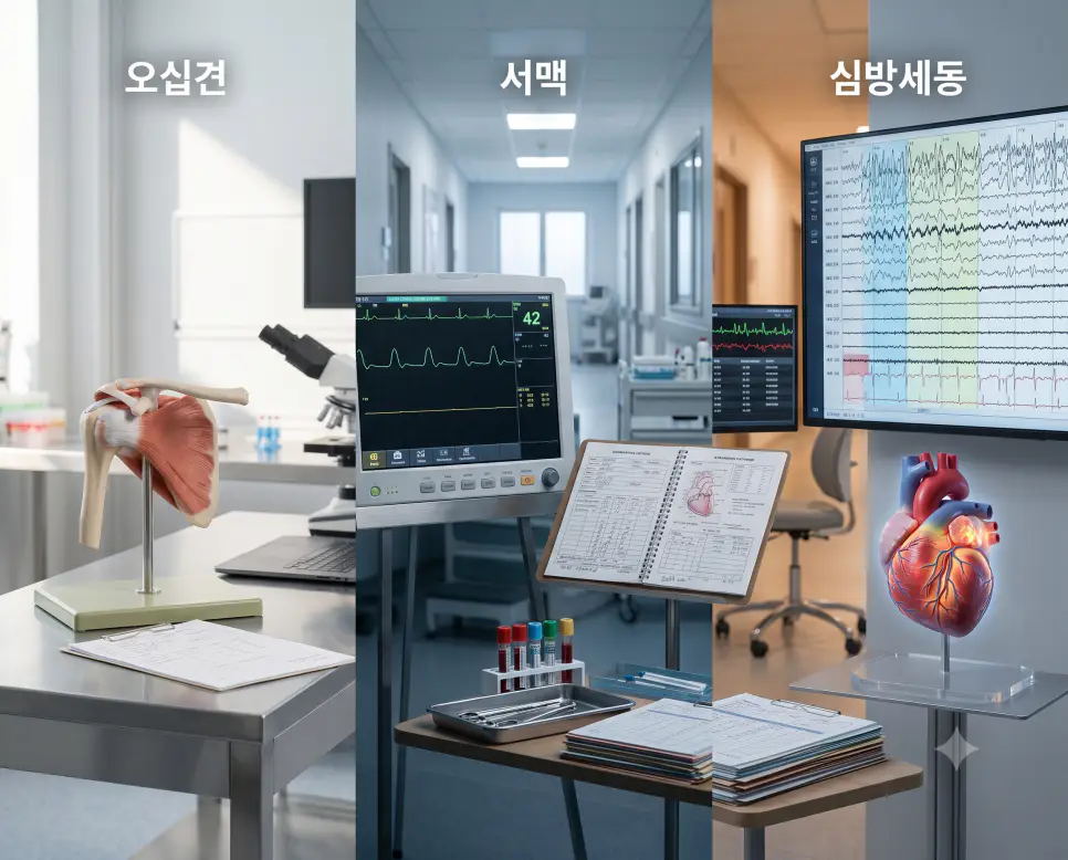 오십견 어깨 관절 모형, 서맥 심전도 분석 모니터, 심방세동 심장 리듬 화면을 하나의 파노라마 구도로 구성한 극실사 의학 포스터