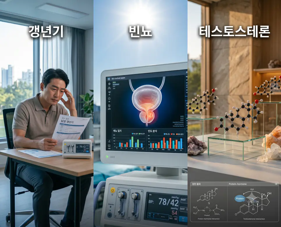 중년 건강 점검을 나타낸 키워드 "갱년기" 남성 풍경, 이상 배뇨를 나타낸 키워드 "빈뇨" 방광 모형 풍경, 그리고 남성호르몬을 상징하는 키워드 "테스토스테론" 분자 모형 풍경을 하나의 파노라마 스타일로 담은 극실사 포스터
