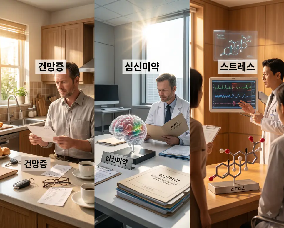 기억 인출 저하를 나타낸 키워드 "건망증" 주방 풍경, 정신 기능 감정을 나타낸 키워드 "심신미약" 모형 풍경, 그리고 생체 긴장을 상징하는 키워드 "스트레스" 모니터 풍경을 하나의 파노라마 스타일로 담은 극실사 포스터