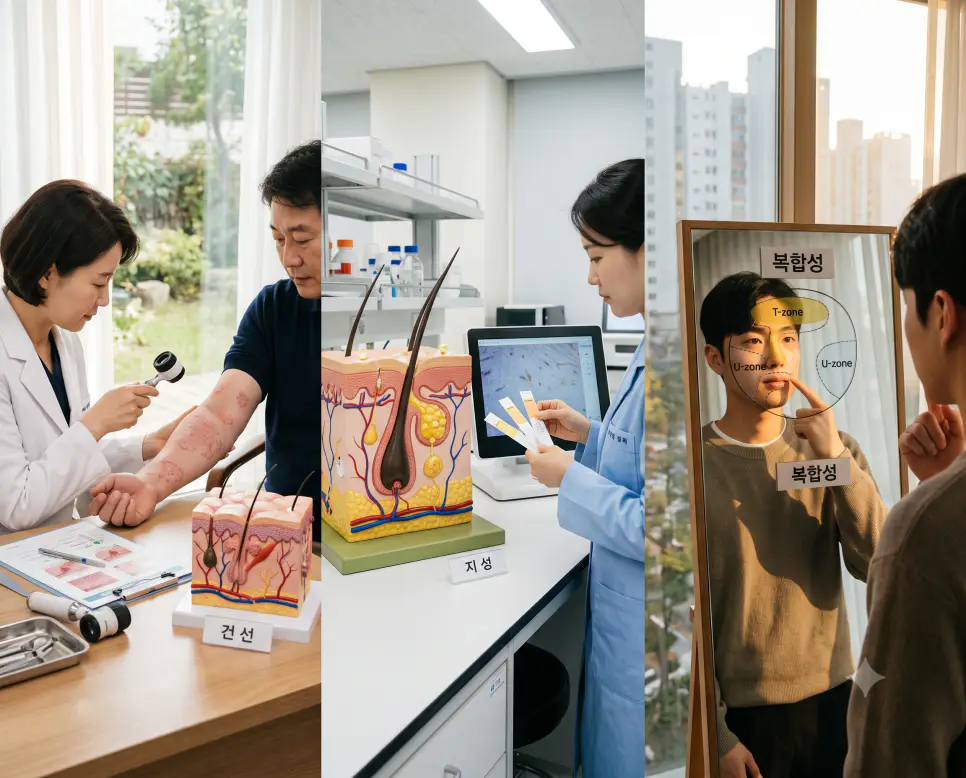 피부 질환 상태를 나타낸 키워드 "건선" 진료 풍경, 피지선 분비를 나타낸 키워드 "지성" 모형 풍경, 그리고 피부 존 분석을 상징하는 키워드 "복합성" 스크린 풍경을 하나의 파노라마 스타일로 담은 극실사 포스터