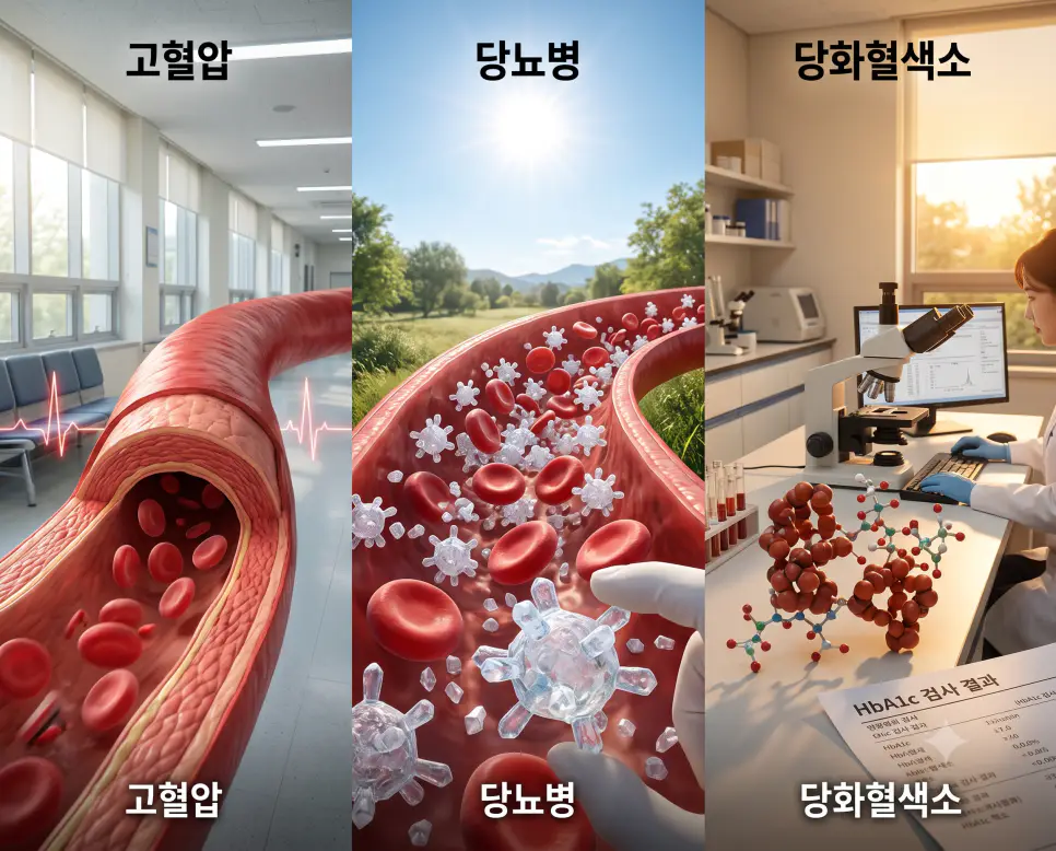 동맥 고압 모형을 나타낸 키워드 "고혈압" 혈관 모형 풍경, 포도당 결정을 나타낸 키워드 "당뇨병" 분자 모형 풍경, 그리고 장기 혈당 지표를 상징하는 키워드 "당화혈색소" 결합체 모형 풍경을 하나의 파노라마 스타일로 담은 극실사 포스터