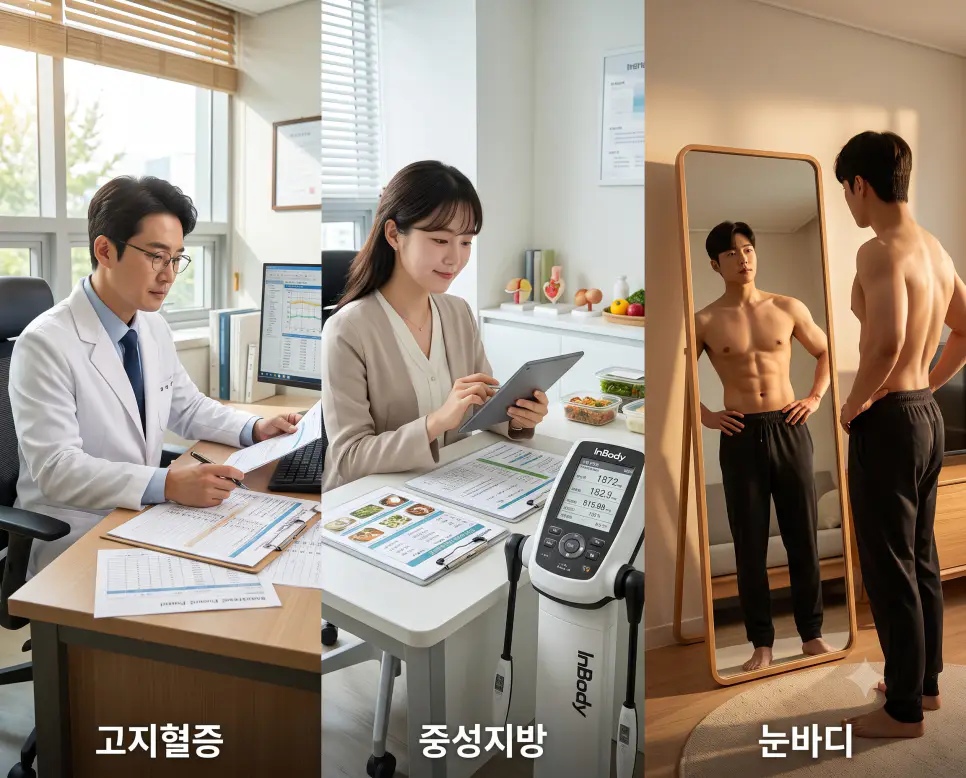 혈관 대사 진단을 나타낸 키워드 "고지혈증" 진료실 풍경, 저장 지질 영양 관리를 나타낸 키워드 "중성지방" 조리 풍경, 그리고 직관적 체형 관찰을 상징하는 키워드 "눈바디" 거울 확인 풍경을 하나의 파노라마 스타일로 담은 극실사 포스터