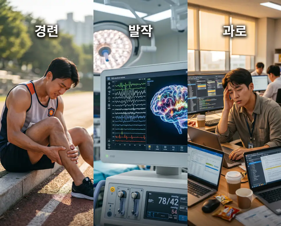근육 수축을 나타낸 키워드 "경련" 운동선수 풍경, 뇌파 이상을 나타낸 키워드 "발작" 모니터 풍경, 그리고 피로 누적을 상징하는 키워드 "과로" 사무실 풍경을 하나의 파노라마 스타일로 담은 극실사 포스터