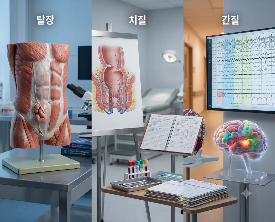 복벽 탈장 해부 모형, 치질 혈관 진단 도표, 간질 뇌파 모니터를 하나의 파노라마 구도로 구성한 극실사 의학 포스터