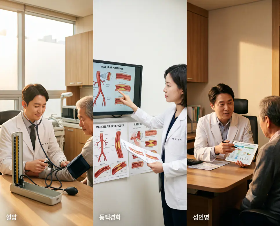 순환기 압력을 나타낸 키워드 "혈압" 진료실 풍경, 혈관 변형 진단을 나타낸 키워드 "동맥경화" 정밀 검사 풍경, 그리고 만성 대사 질환 관리를 상징하는 키워드 "성인병" 상담 풍경을 하나의 파노라마 스타일로 담은 극실사 포스터