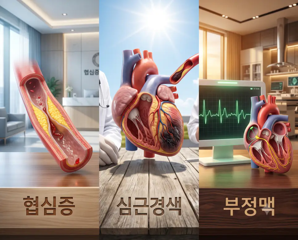 관상동맥 협착을 나타낸 키워드 "협심증" 혈관 모형 풍경, 완전 폐색 상태를 나타낸 키워드 "심근경색" 조직 모형 풍경, 그리고 불규칙한 맥박을 상징하는 키워드 "부정맥" ECG 파형 풍경을 하나의 파노라마 스타일로 담은 극실사 포스터
