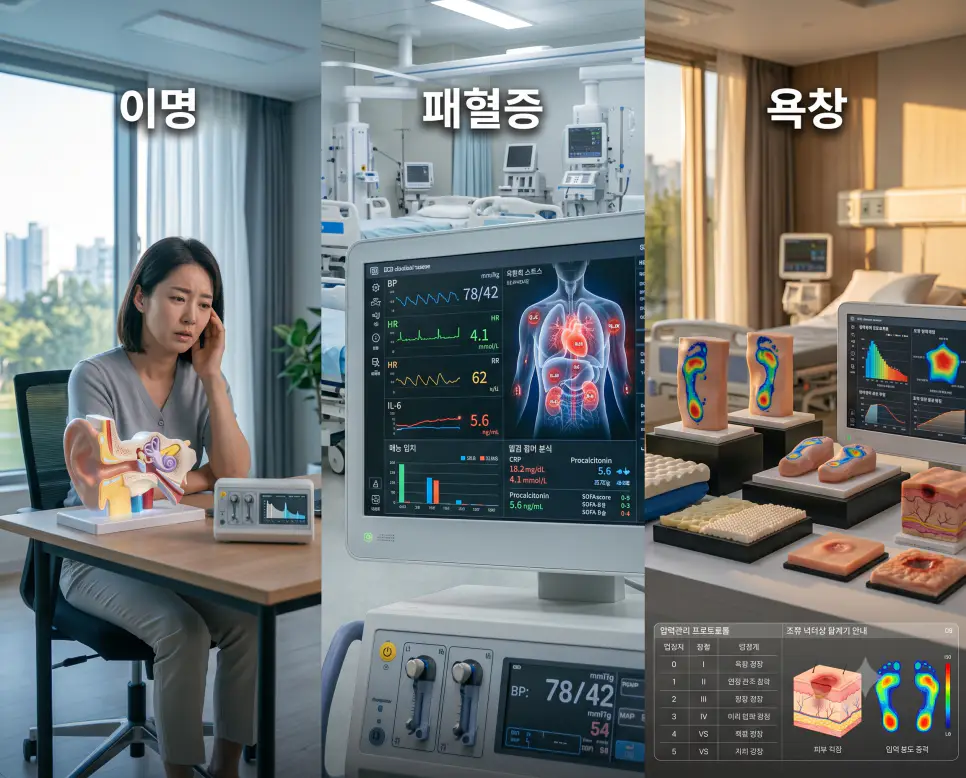 청각 신경 감각을 나타낸 키워드 "이명" 내이 모형 풍경, 전신 감염 반응을 나타낸 키워드 "패혈증" 모니터 풍경, 그리고 국소 피부 괴사를 상징하는 키워드 "욕창" 조직 모형 풍경을 하나의 파노라마 스타일로 담은 극실사 포스터