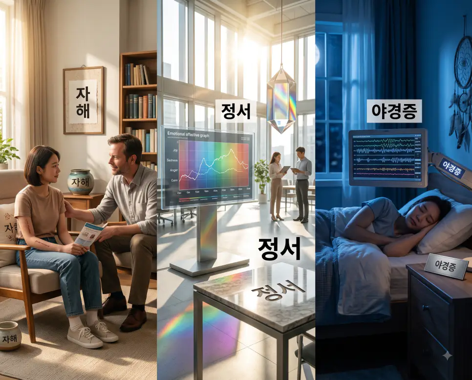 심리 회복을 나타낸 키워드 "자해" 상담실 풍경, 감정 스펙트럼을 나타낸 키워드 "정서" 분석 차트 풍경, 그리고 수면 각성 장애를 상징하는 키워드 "야경증" 뇌파 모니터 풍경을 하나의 파노라마 스타일로 담은 극실사 포스터