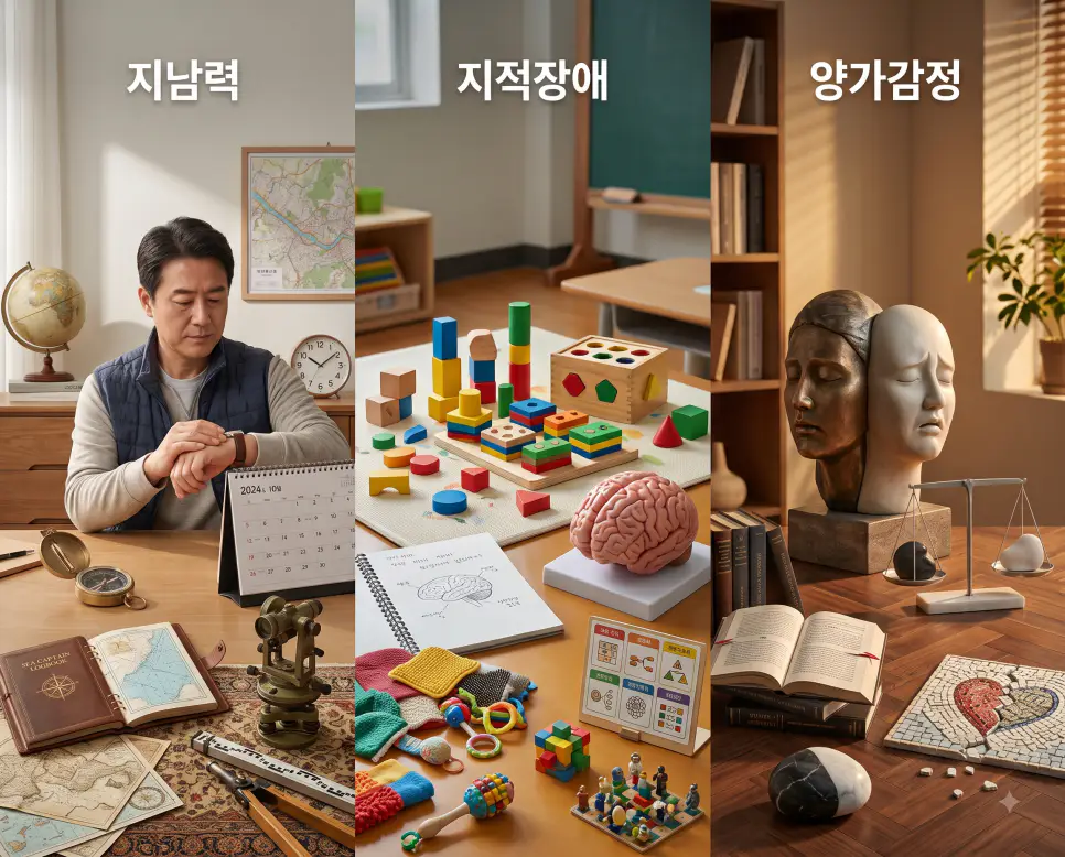 시공간 인지를 나타낸 키워드 "지남력" 점검 풍경, 발달 적응 훈련을 나타낸 키워드 "지적장애" 교구 풍경, 그리고 상반 감정 공존을 상징하는 키워드 "양가감정" 조각상 풍경을 하나의 파노라마 스타일로 담은 극실사 포스터